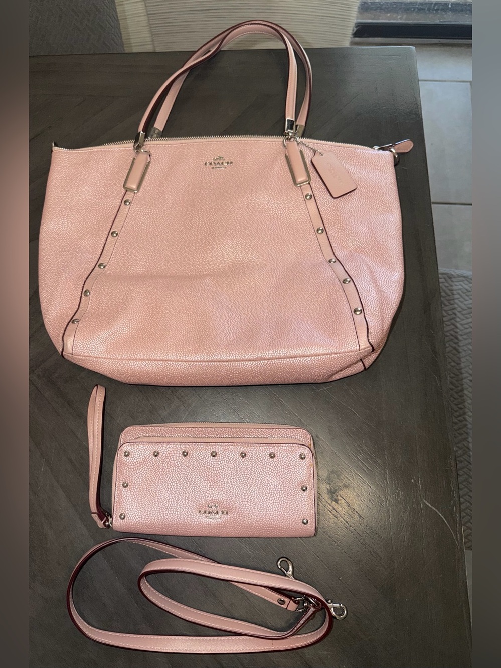 Coach Blush Pink Pebbled Leather Tote with Wristlet and Strap